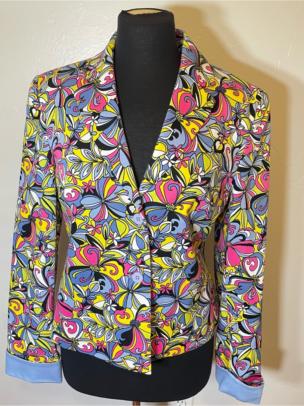 Madison Studio Women’s Floral Print Blazer Jacket Size 10 Pink Blue Yellow Retro